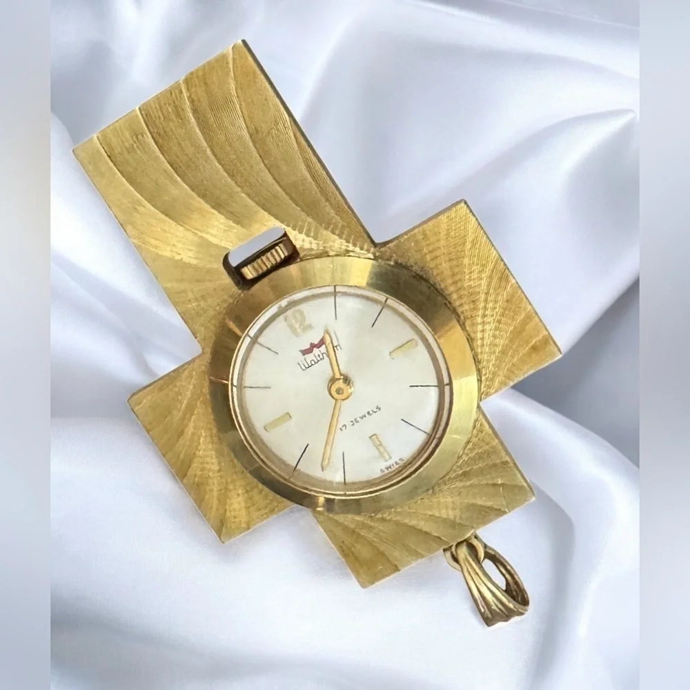 WORKING—VTG Waltham Gold-Plated Swiss 17 Jewel Mechanical Cross Pendant Watch